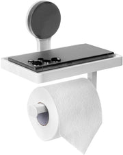 Bathroom Solutions - Porte-rouleau de papier toilette avec étagère - Plastique blanc - Fixation par ventouse - Design classique