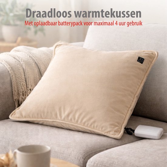 Coussin chauffant Alpina rechargeable avec batterie externe – Coussin chauffant électrique à 3 niveaux de chaleur – Coussin chauffant avec housse en polaire – 45 x 45 cm – Beige
