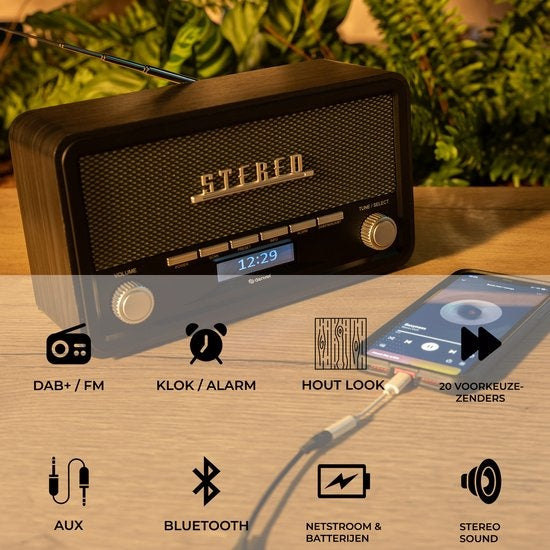 Denver DAB Radio - Model 2023 - Retro Radio - Bluetooth - DAB+/ FM - Dimmable - Batteries & secteur - DAB18 - Darkgrey