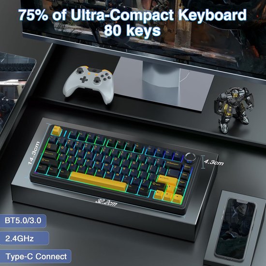 AULA F75 - Clavier gaming sans fil - Mécanique - Gasket - Hot Swap - Claviers QWERTY - Tri-mode - 80 touches - Noir tonnerre