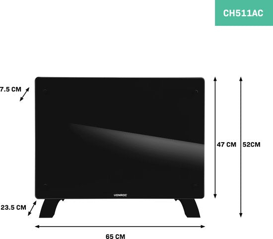 Chauffage électrique - VONROC  - Convecteur avec panneau en verre - 750W/1500W - Chauffe les pièces jusqu'à 18m2 - Contrôlé par l'application (via Wifi) et manuellement - Thermostat et minuterie réglables - Noir