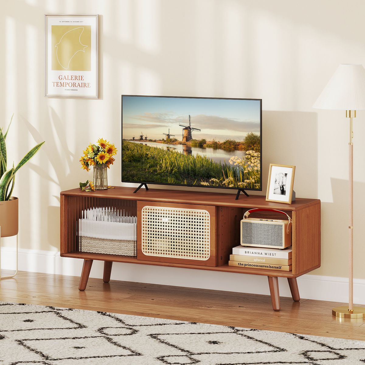 Meuble TV Coast - bambou avec porte coulissante en osier et verre - étagère réglable - marron - 120,5 x 31 x 45,5 cm