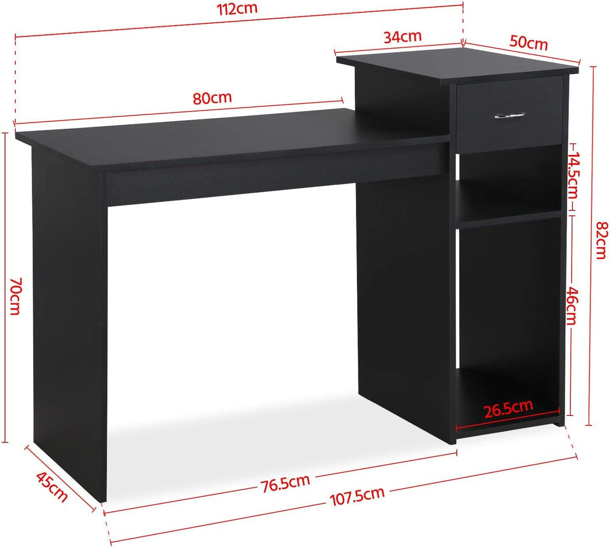 Table d'ordinateur Yaheetech - Avec tiroir et 2 étagères - 112 x 50 x 82 cm - Noir