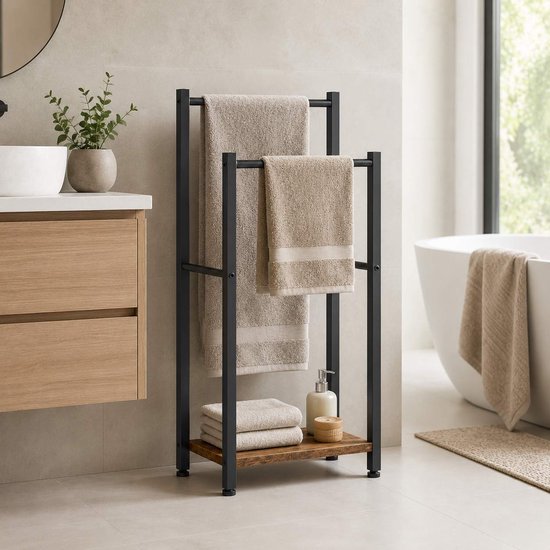 Porte-serviettes sur pied – 2 barres – Métal-MDF – Porte-serviettes de salle de bains – 80 cm