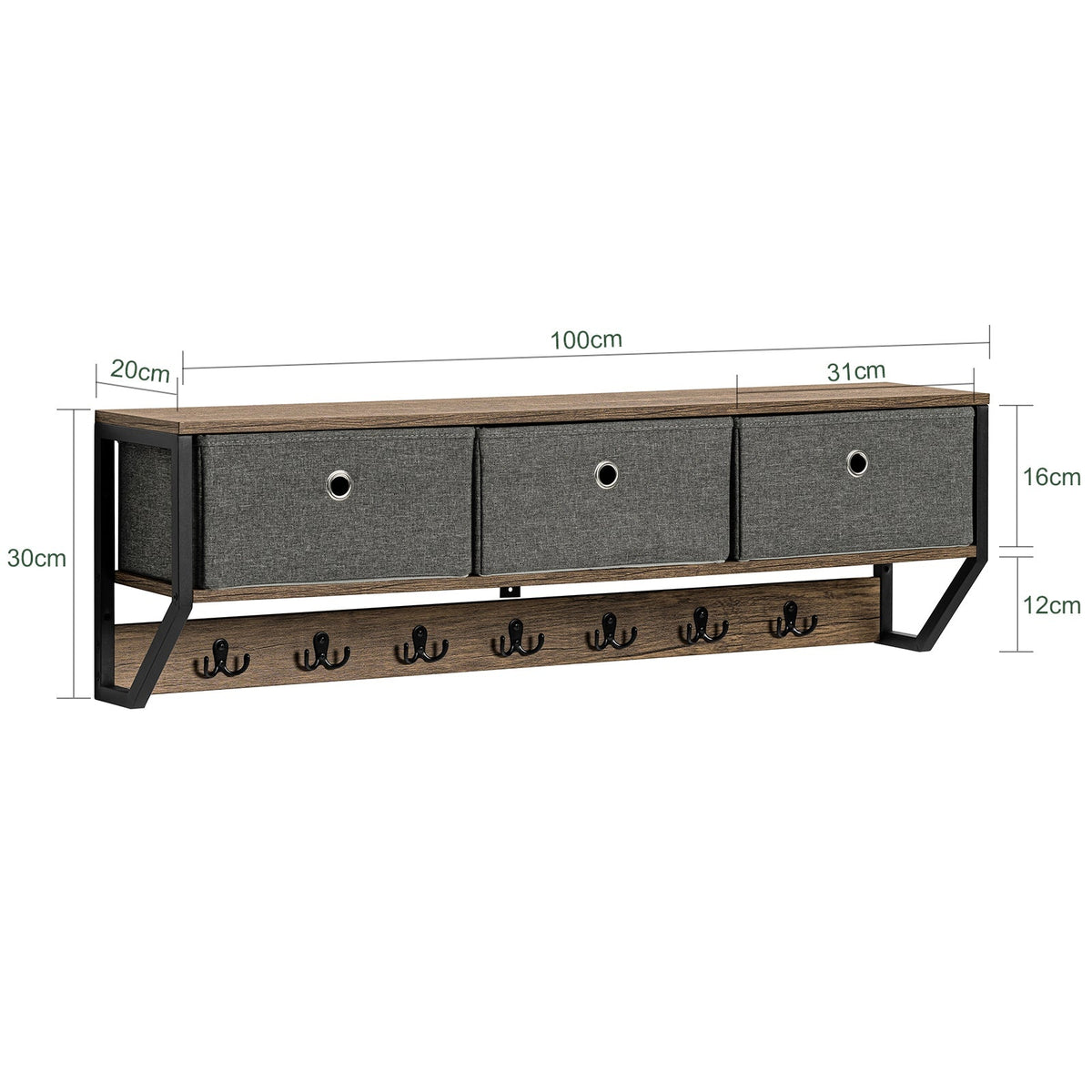 SoBuy Porte-manteau mural - Porte-manteau suspendu avec 3 paniers et 7 crochets - Max. 22KG - 100 x 20 x 30 cm - Couleur bois