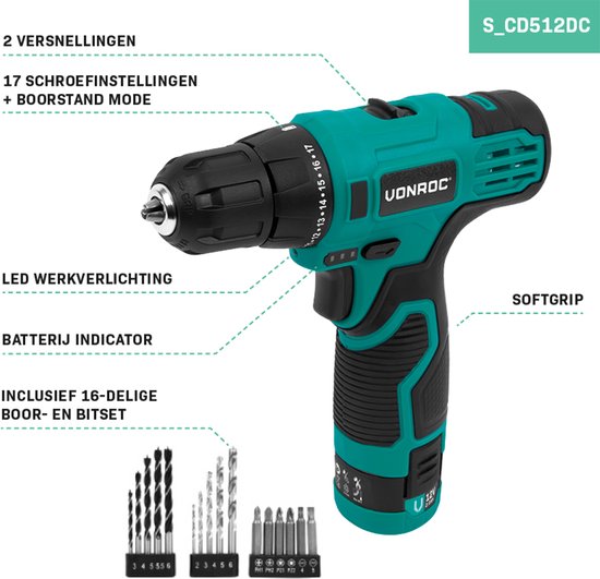 VONROC Perceuse à batterie 12V - Comprend une batterie, un câble USB et un jeu de forets et d'embouts de 16 pièces.