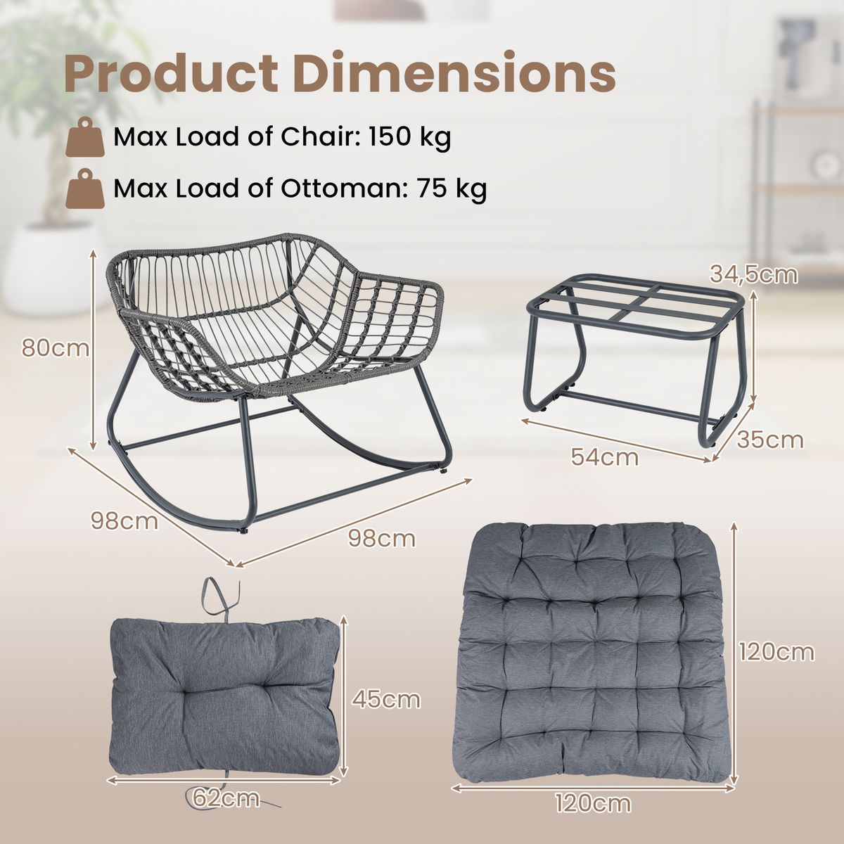 Fauteuil à bascule Coast avec repose-pieds - conception ergonomique - rotin PE et structure métallique - noir/gris/beige