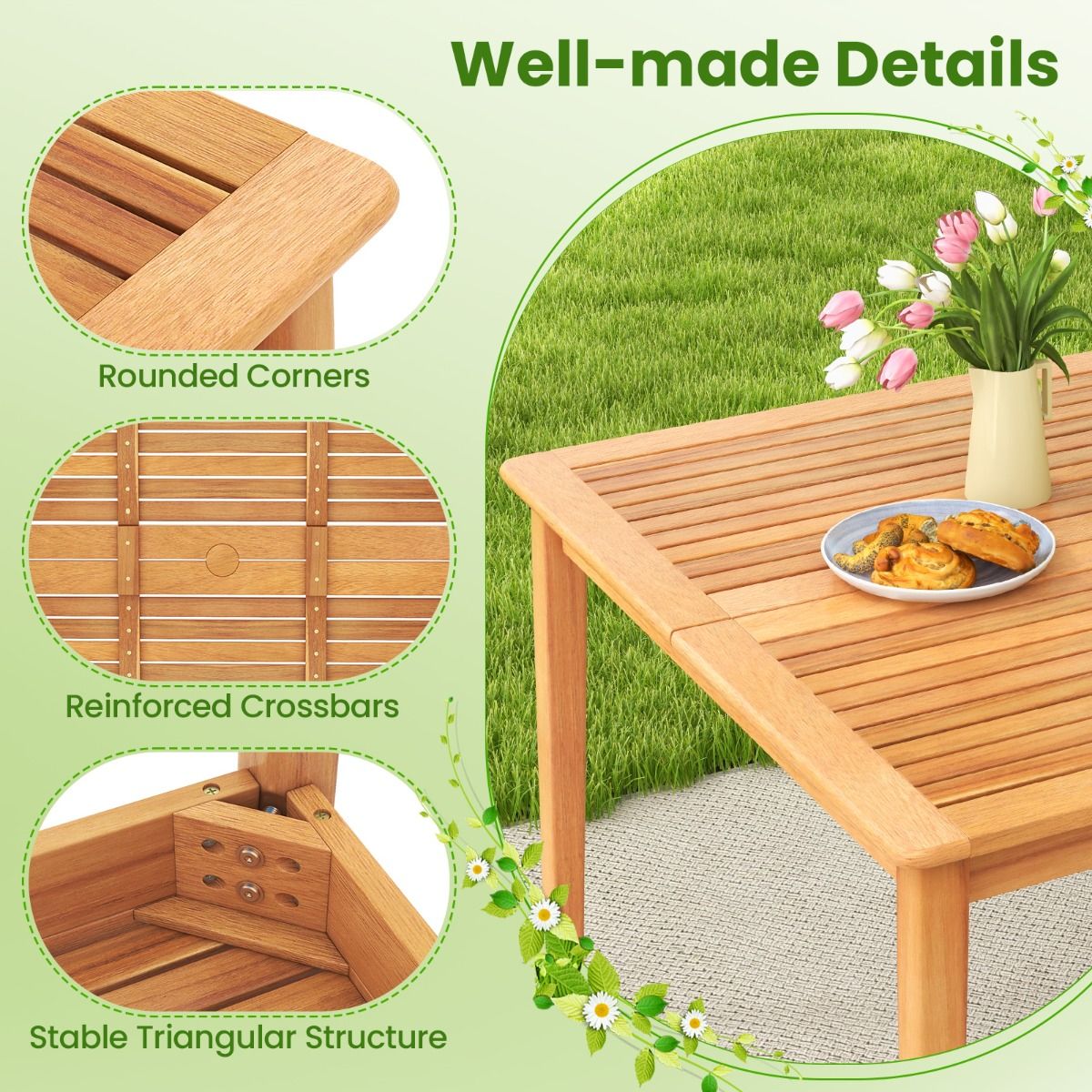 Table de jardin Coast en bois d'acacia - carrée - avec trou pour parasol - couleur naturelle - 100 x 100 cm