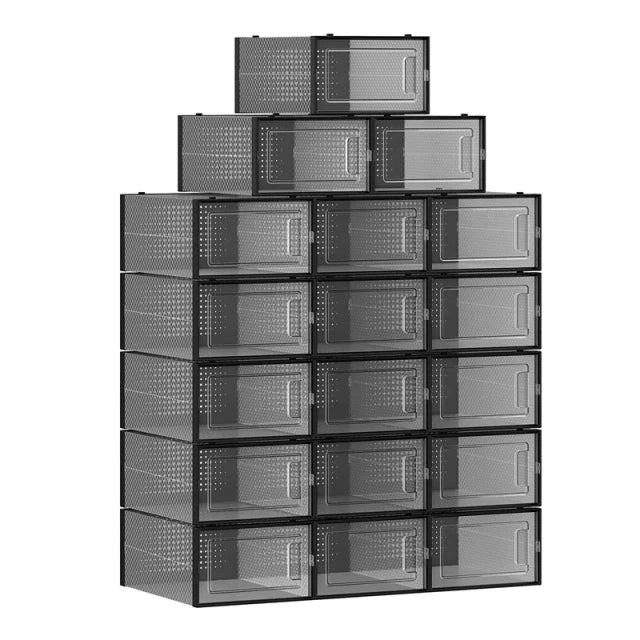 Boîtes à chaussures pliables Songmics, lot de 18 - 33,3 x 23 x 14 cm – Boîtes de rangement en plastique noir avec porte