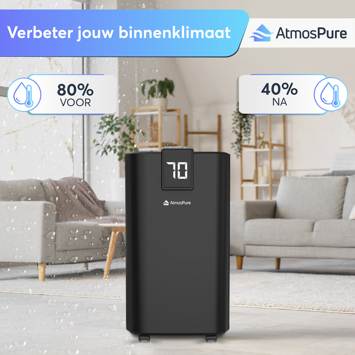Déshumidificateur AtmosPure® AirDry Elite - 12L par jour - Fonction Lavage-Séchage - Purificateur d'air parfait pour la buanderie, la salle de bain, le salon et la cave - Noir - Déshumidificateur