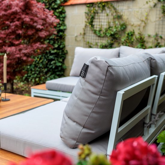 Ensemble de salon AXI Eos avec chaise longue, blanc aspect bois PSPC – Ensemble d'angle avec table – Structure en aluminium thermolaqué – Chaise longue intégrée – Plateau de table en PSPC