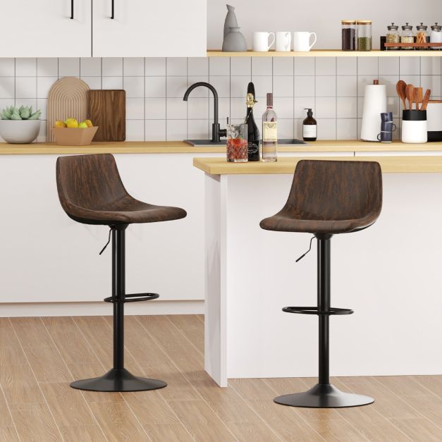 Lot de 2 tabourets de bar marron rustique, réglables 83-105 cm, pivotant à 360° avec coussins en velours et structure en métal
