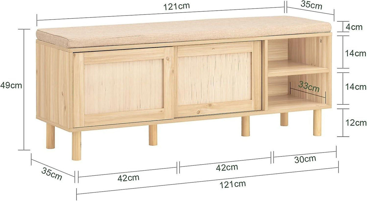 SoBuy Meuble à chaussures avec coussin d'assise - 2 portes coulissantes - Rustique - 1212 x 35 x 49 cm - Marron