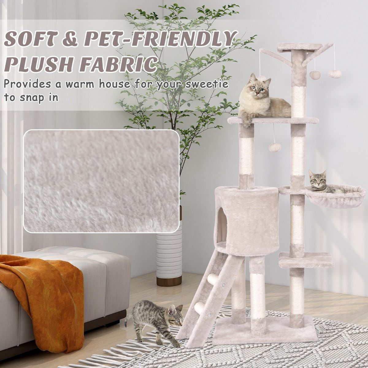 Arbre à chat Coast - 6 étages - poteaux en sisal et revêtement en peluche - beige - 93 x 36 x 140 cm