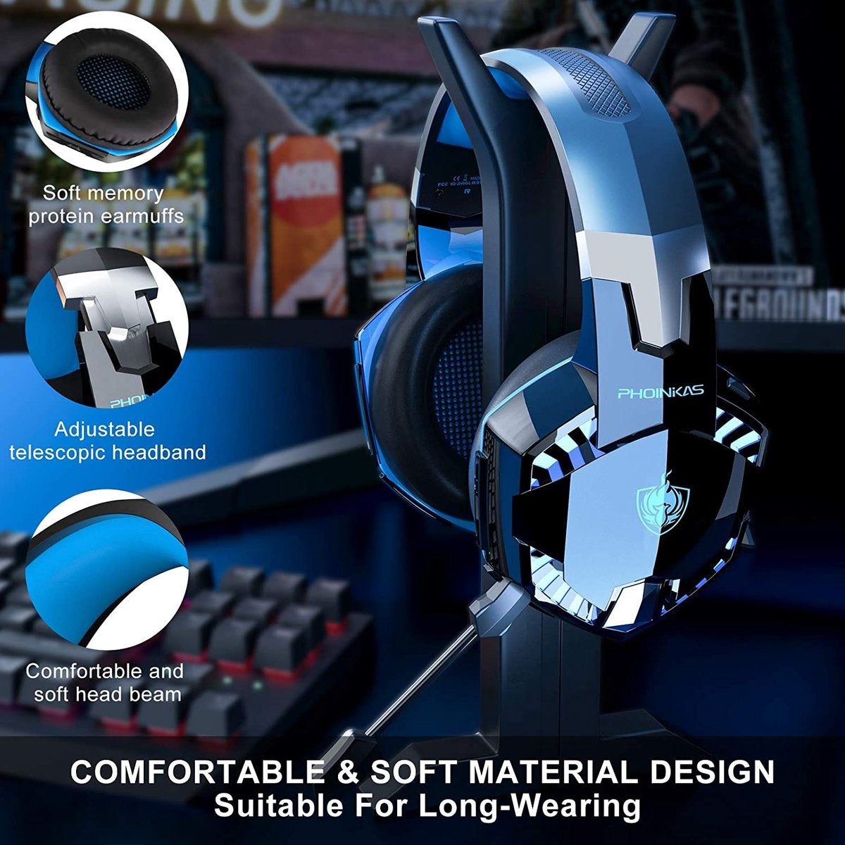 Casque gaming PHOINIKAS G2000 - Bluetooth - avec microphone - Noir/bleu