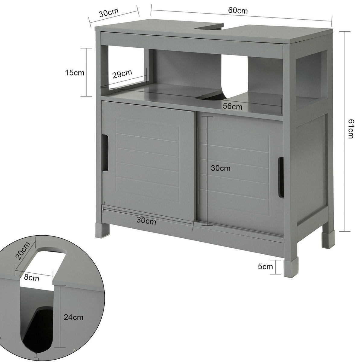 SoBuy FRG128-SG Meuble lavabo - 2 portes coulissantes 1 étagère - Gris - 60x61x30 cm
