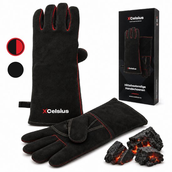 Gants de barbecue XCelsius® en cuir refendu – Certifiés TÜV EN407 – Gants de barbecue et de four résistants à la chaleur – Pour kamado, fonte, grilles et déflecteurs de chaleur – Cadeaux pour hommes – 1 paire – Noir et rouge