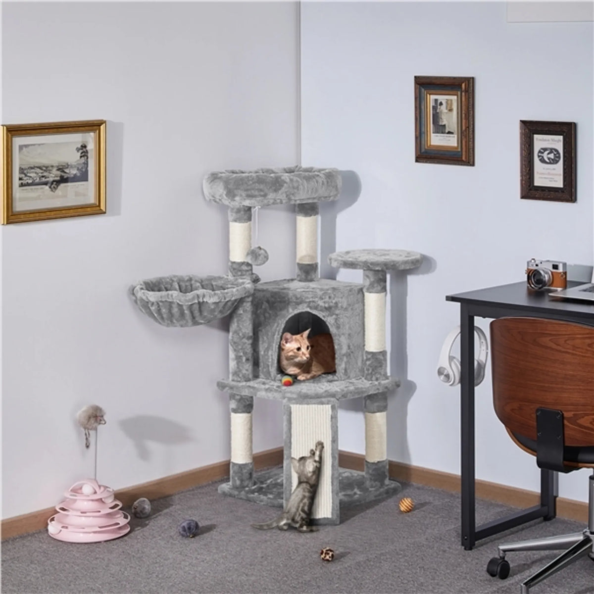 Yaheetech Cat Post With 5 Sisal Poles - Equipped With Padded Viewing Platform And Hammock And Cat Burrow - For 2 To 3 Small And Medium Cats - Light Grey Plush And Metal - 43,5 x 43,5 x 106 cm