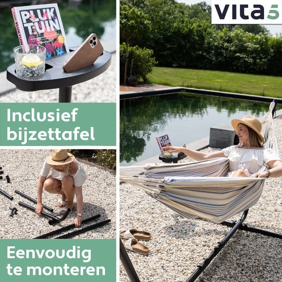 Hamac Vita5 avec support - 2 personnes - Porte-gobelet inclus - 205kg de poids - Bleu/Blanc