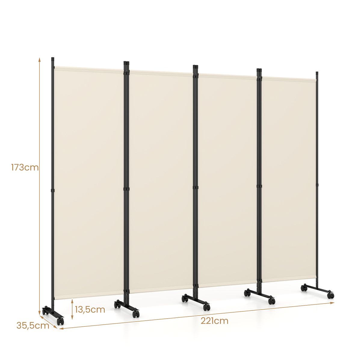 Coast : paravent à 4 panneaux sur roulettes - pliable - protège de la vue - beige - 1 pièce
