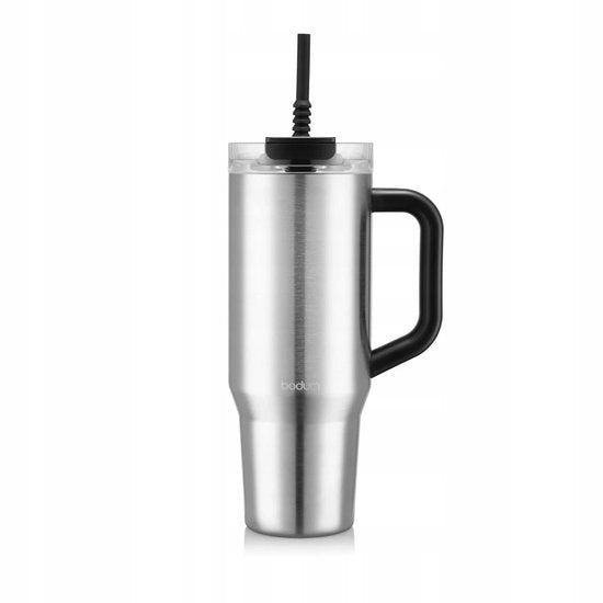 Gobelet isotherme sans marque avec paille et poignée - 1,2 L, argenté