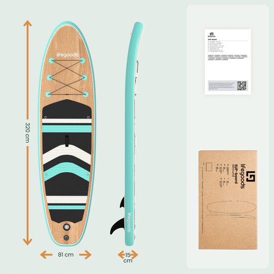 LifeGoods PaddlePro SUP Board - Planche à pagaie gonflable - Ensemble complet - Max. 150KG - 320x81cm - Bois/Vert Menthe