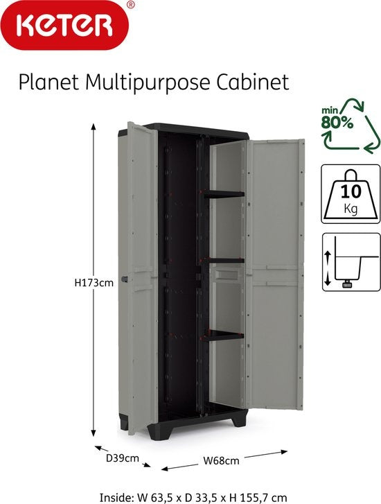 Keter Planet High Cupboard Multipurpose - 3 étagères - 68x39x173cm - Gris/Noir - Plastique recyclé