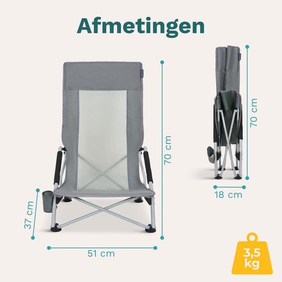 TRVLMORE Chaise de plage - pliable et démontable - capacité de charge de 130 kg - légère - avec sac de transport et porte-gobelet - dossier haut - gris