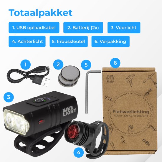Nuvance Bicycle Light - Eclairage vélo - 6 étapes - 1000 Lumen - Eclairage vélo - Eclairage avant - Eclairage arrière - USB rechargeable