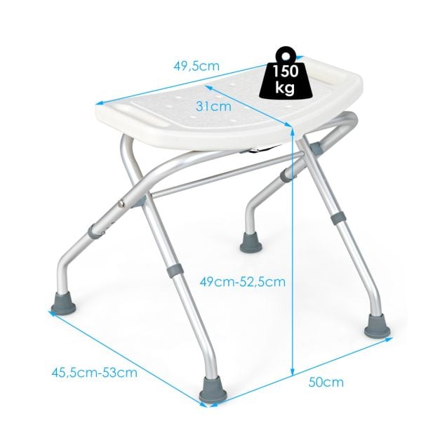 Coast Shower Chair White - Tabouret de douche pliable avec hauteur réglable et pieds antidérapants - 53 x 50 x 52,5 cm