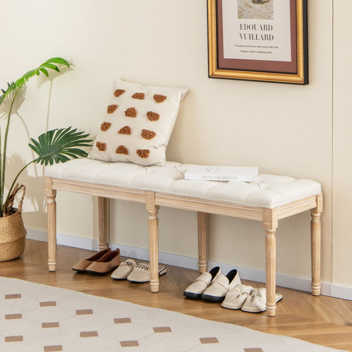 Coast Vintage Upholstered Dining Bench - Banc d'entrée et banc de lit avec pieds en bois de caoutchouc - Beige - 120 x 40 x 49 cm