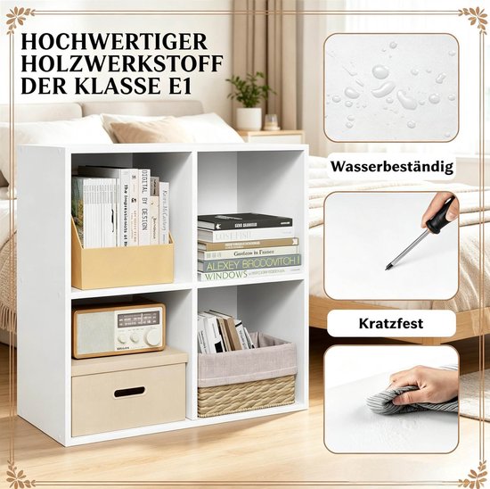 Étagère FloraGrace – Étagère ouverte à 4 compartiments – 59,6 x 59,8 x 29,5 cm – Bois – Blanc – Meuble de rangement sur pied pour le salon ou le bureau