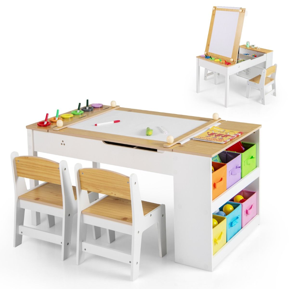 Table d'art et ensemble de chevalets pour enfants Coast - conception multifonctionnelle 2-en-1 - avec 2 chaises - blanc et naturel