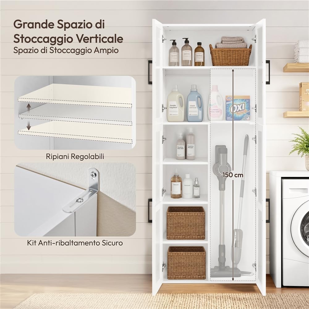 Armoire de rangement Yaheetech 60 × 37,5 × 175,5 cm – 4 portes, étagères réglables, blanche