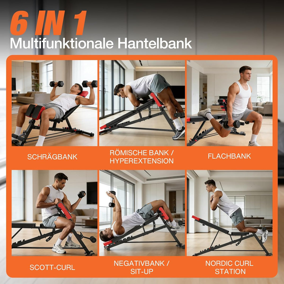 Banc de musculation DH FitLife 6-en-1 - Dossier réglable - Hyperextension et Nordic Curl - Jusqu'à 350 kg - 163 x 50 x 130 cm - Noir