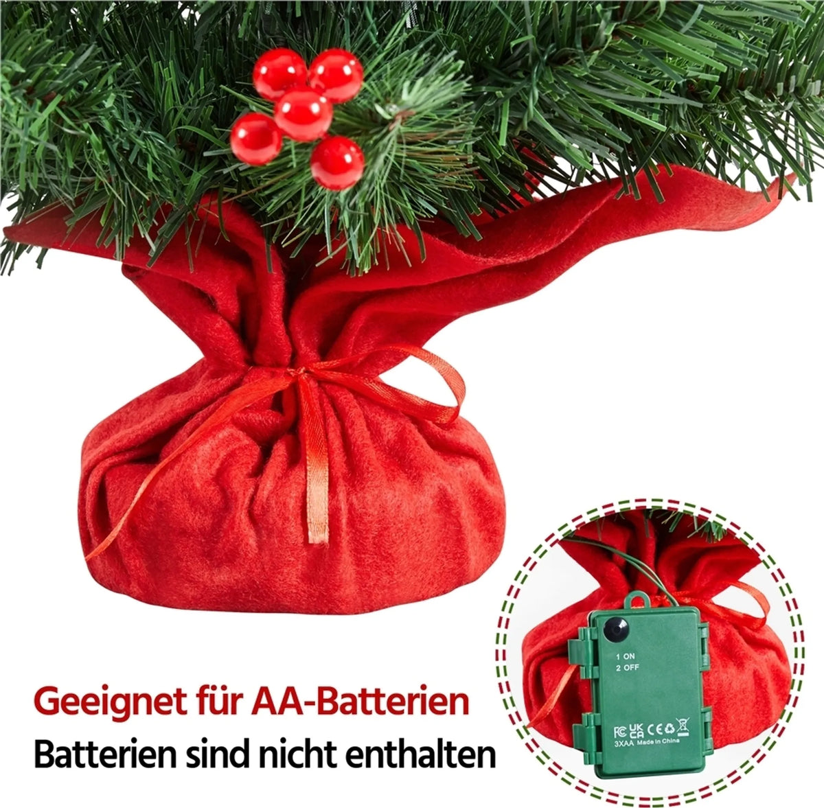Yaheetech Arbre de Noël de table avec lumières - 38 x 38 x 60 cm - avec 35 lumières LED et 40 baies rouges et base en béton avec tissu rouge - pour le buffet et le bureau - PVC vert et béton