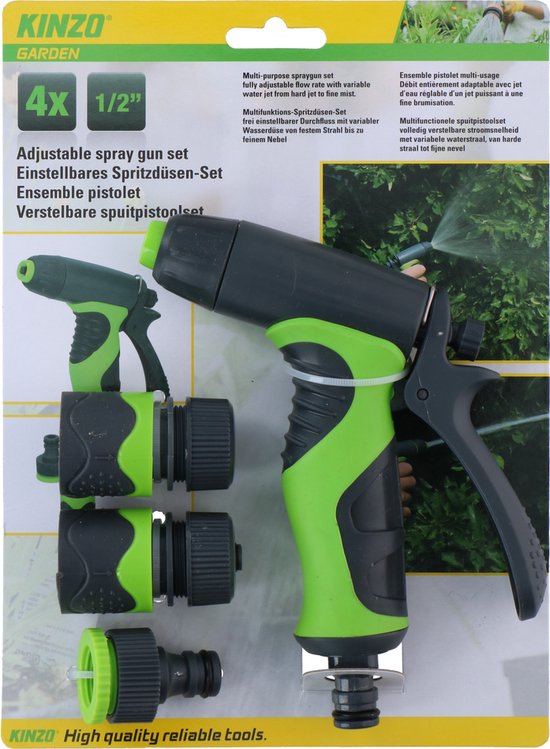 Kinzo 4-Piece Spray Gun Set - Incl. 3 Connectors for Garden Hose - 8 Spray Stages - Soft-Grip Handle - Green/Grey