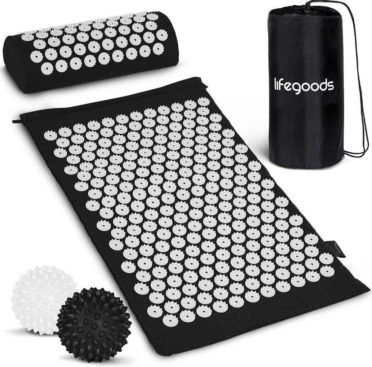 Tapis d'acupression avec coussin LifeGoods  - Tapis Shakti - Tapis pour relaxation avec 2 balles  - 66x40x2cm - Noir/Blanc