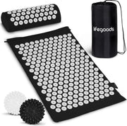 Tapis d'acupression avec coussin LifeGoods  - Tapis Shakti - Tapis pour relaxation avec 2 balles  - 66x40x2cm - Noir/Blanc