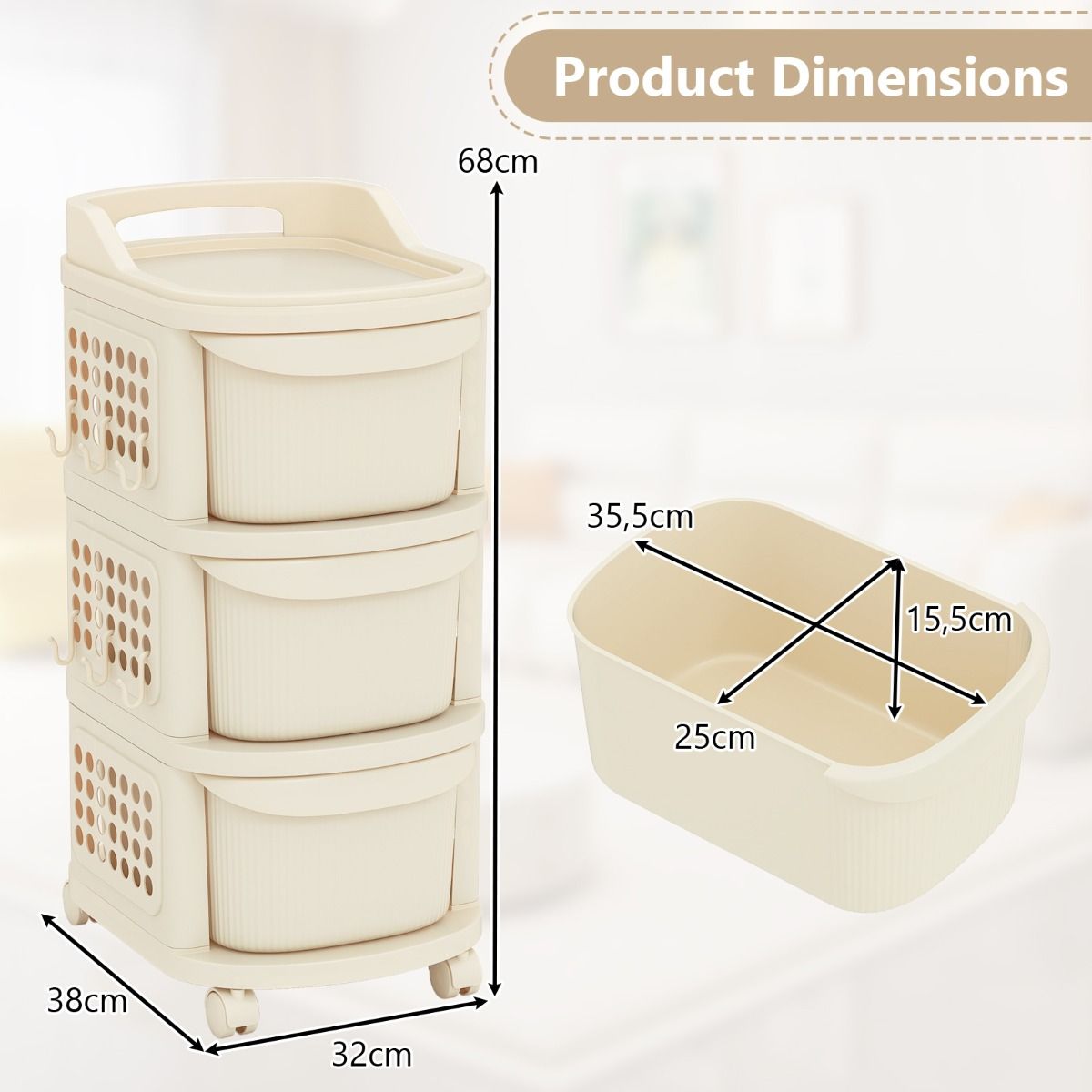 Chariot de rangement Coast sur roulettes - 3 tiroirs - Avec crochets - Blanc 38 x 32 x 68 cm