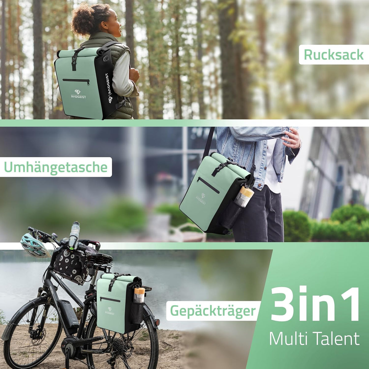 RADGEIST 3in1 bike carrier bag - sac à dos pour vélo - sac de transport - sac à bandoulière - avec compartiment pour ordinateur portable - étanche - 25L - Mint