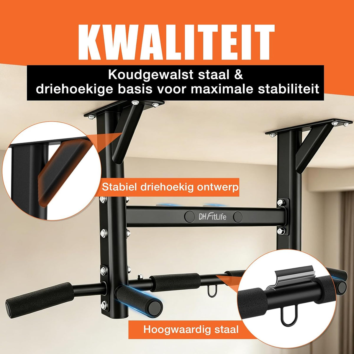 Barre de traction de plafond DH FitLife 4-en-1 - 8 prises - Jusqu'à 300 kg - 44,5 x 25,5 cm - Noir