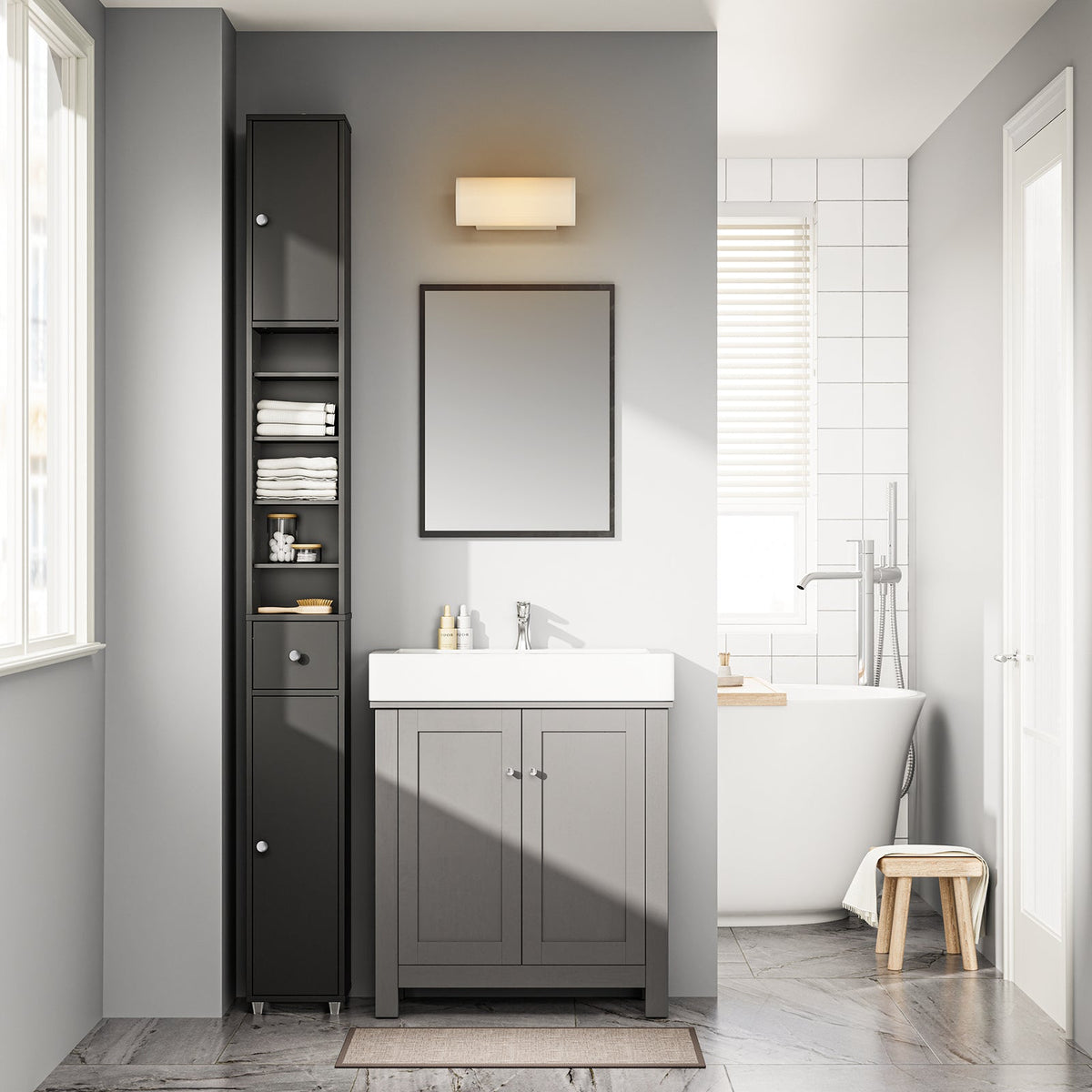 SoBuy Grand meuble de salle de bain étroit avec tiroir et étagères réglables - Meuble colonne noir pour salle de bain et salon - 20 x 20 x 180 cm
