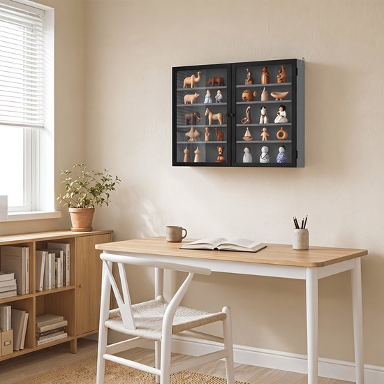 Vitrine murale SoBuy – 4 étagères réglables – Portes vitrées – 80 x 12,2 x 60 cm – Noir/Gris