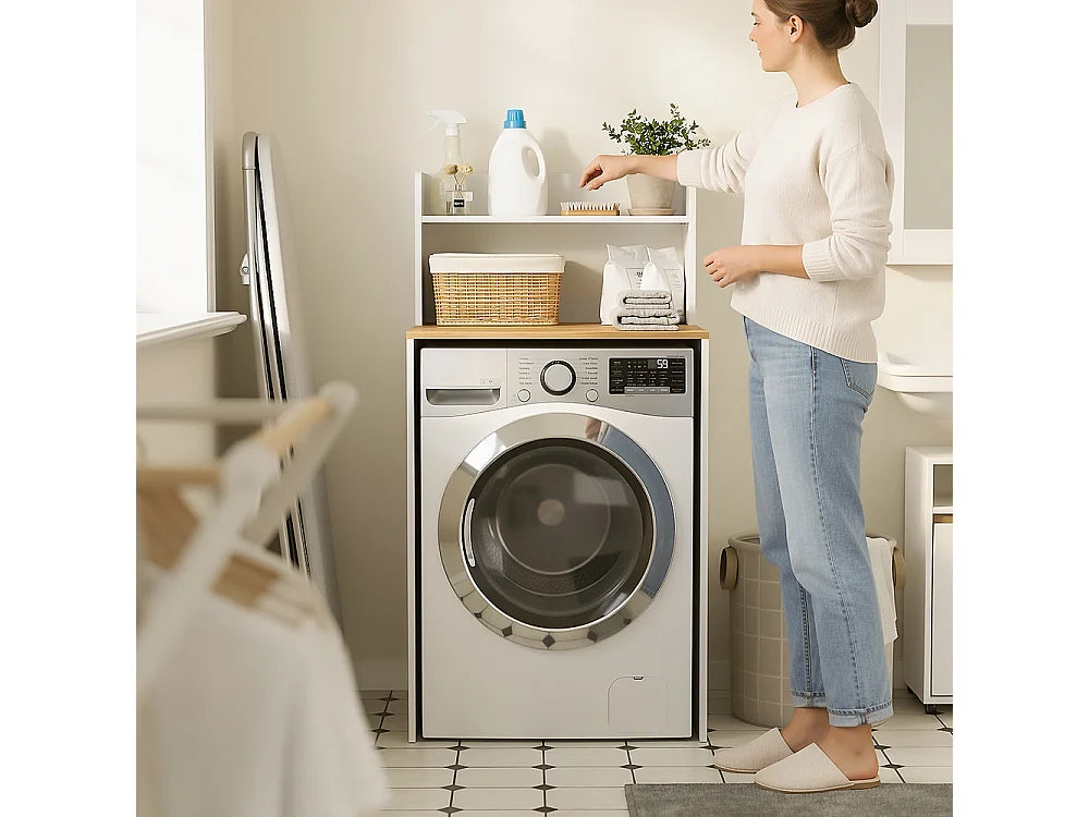 Meuble pour lave-linge SoBuy BZR224-WN - Avec plan de travail et étagère ouverte - 66 x 60 x 126,5 cm - Blanc/Chêne clair