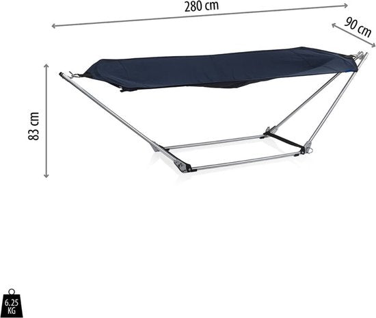 Hamac Campart avec support BE-0640 - Pliable et léger - Structure en acier - Capacité de charge de 150 kg - Sac de rangement inclus - Bleu