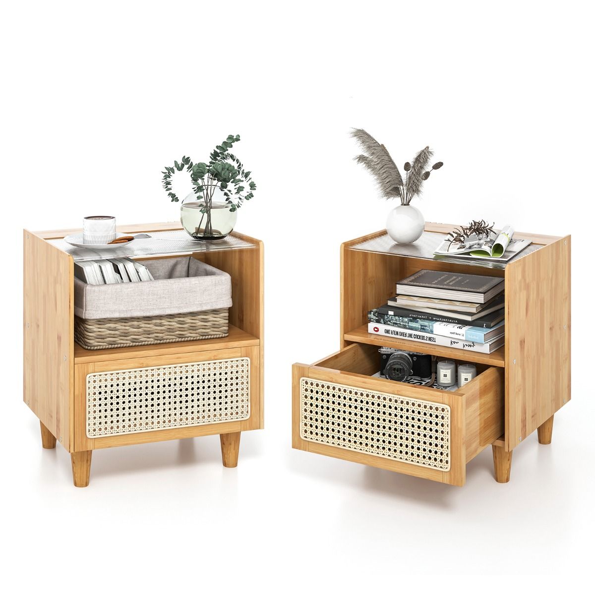 Ensemble de 2 tables de chevet Coast - bambou et rotin - tiroir et compartiment ouvert - couleur naturelle 43 x 35 x 50 cm