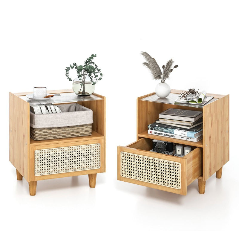 Ensemble de 2 tables de chevet Coast - bambou et rotin - tiroir et compartiment ouvert - couleur naturelle 43 x 35 x 50 cm
