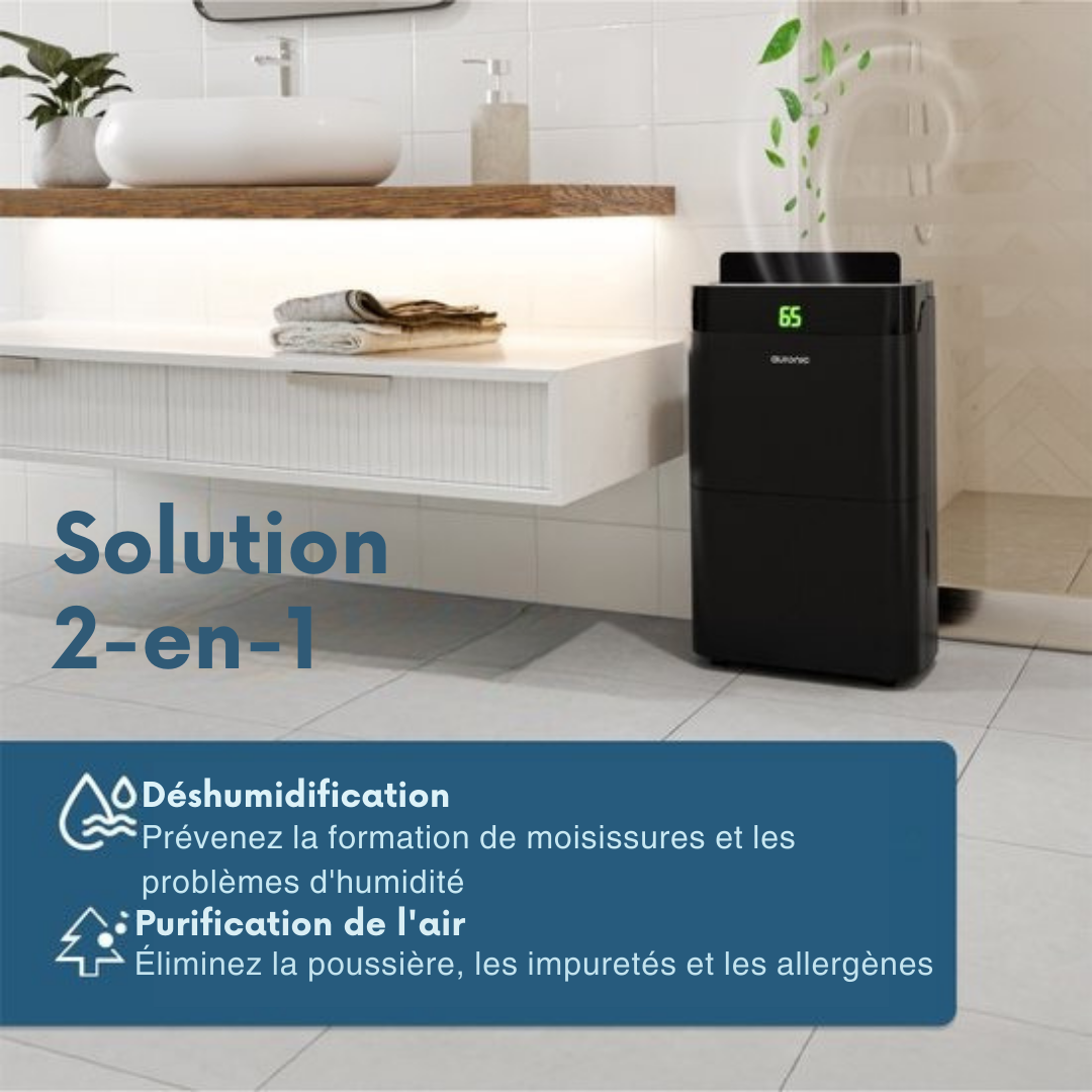 Déshumidificateur et purificateur d'air Auronic - Better Plus Series - Déshumidifie 20L par jour - Réservoir d'eau de 5L - Chambre à coucher, salle de bain, salon et bureau - Dévoreur d'humidité pour la maison - Noir