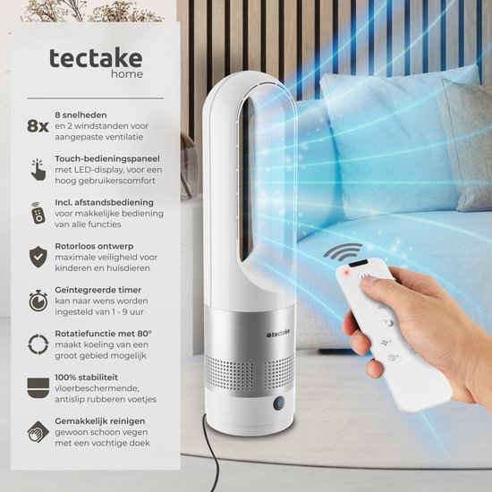 tectake® Tower Fan Polar - Ventilateur de colonne avec télécommande - 8 vitesses et minuterie - Fonction de rotation à 80° - Ventilateur silencieux (35-55dB) - Debout avec panneau de contrôle LED - 55,5 cm de haut - Refroidisseur d'air - Blanc